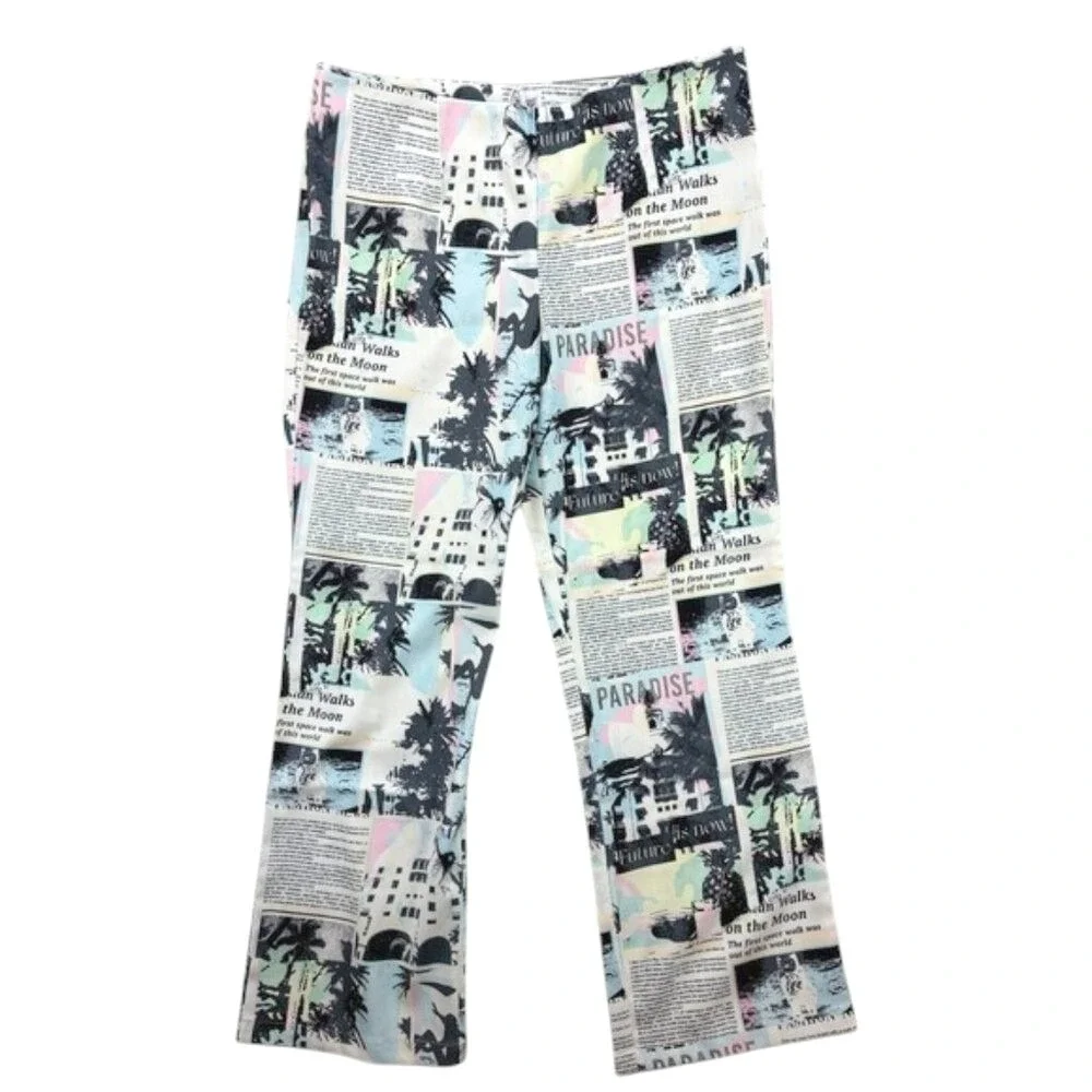 Princess Polly Chino Pants Womens 12 White Newspaper Print Paradise Streetwear